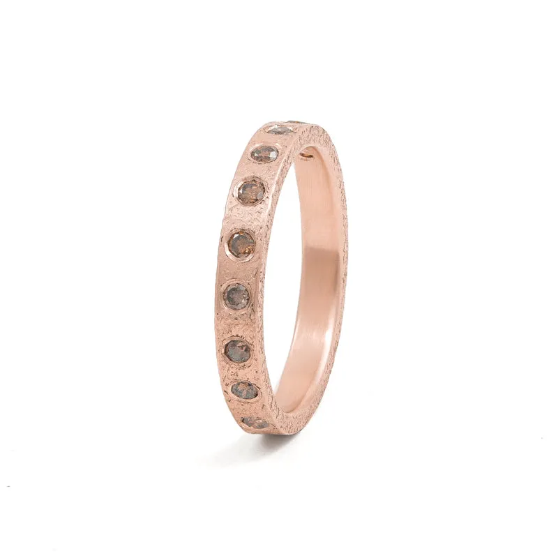 14K Gold 3mm Rustic Band with Flush Set Brown Diamonds