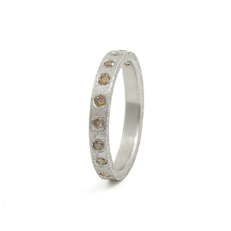 14K Gold 3mm Rustic Band with Flush Set Brown Diamonds