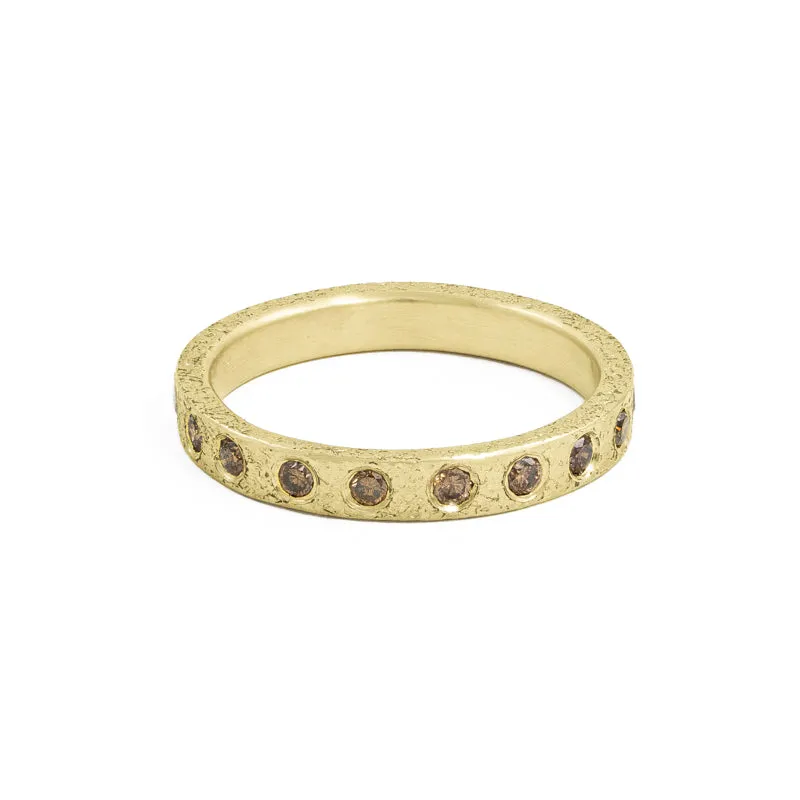 14K Gold 3mm Rustic Band with Flush Set Brown Diamonds