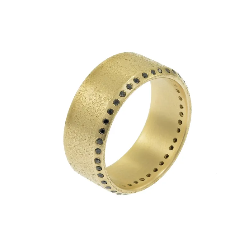 14K Gold Beveled Edge Rustic Band with Black Diamonds