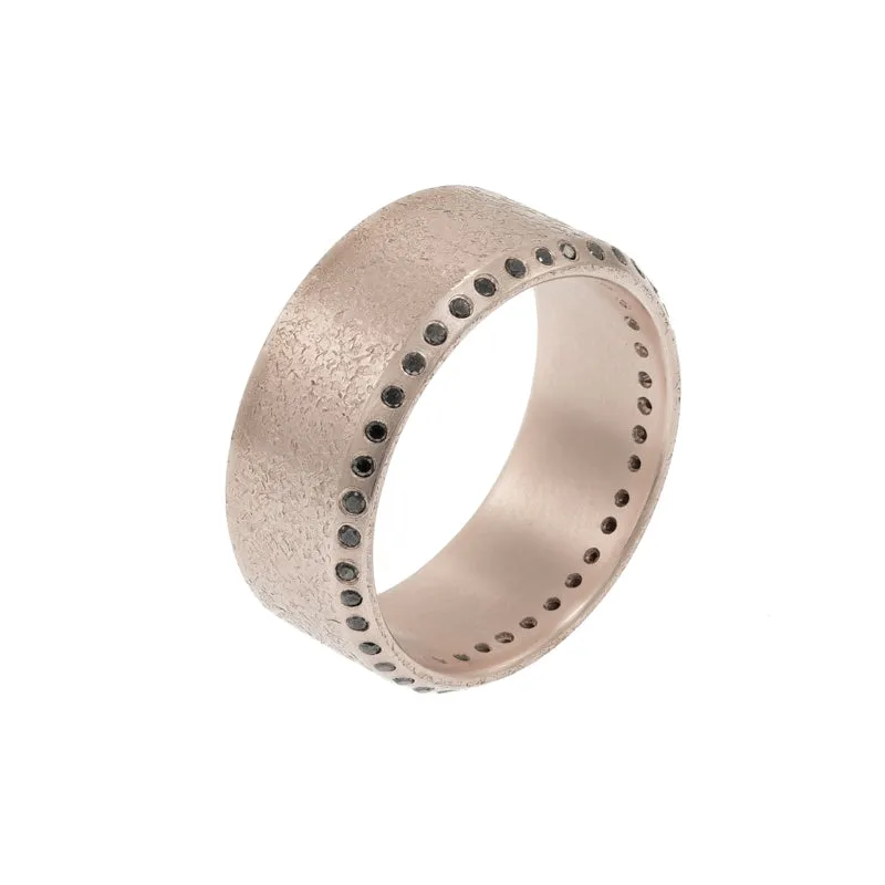 14K Gold Beveled Edge Rustic Band with Black Diamonds