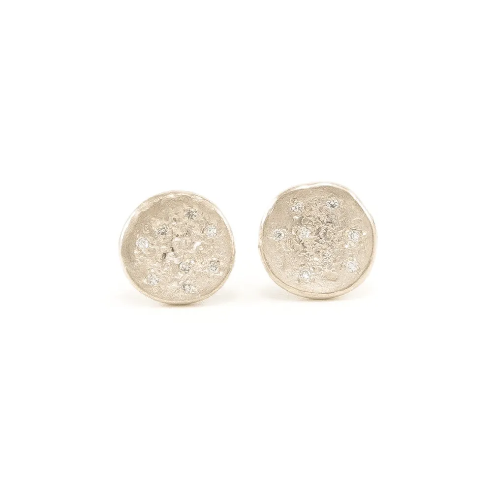14K Gold Full Moon Organic Stud Earrings With White Diamonds