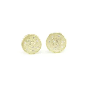 14K Gold Full Moon Organic Stud Earrings With White Diamonds