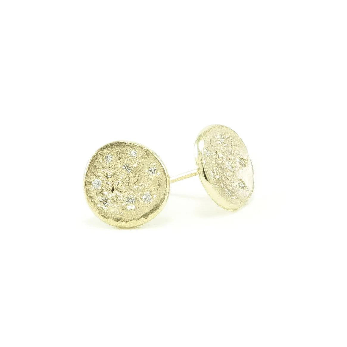 14K Gold Full Moon Organic Stud Earrings With White Diamonds