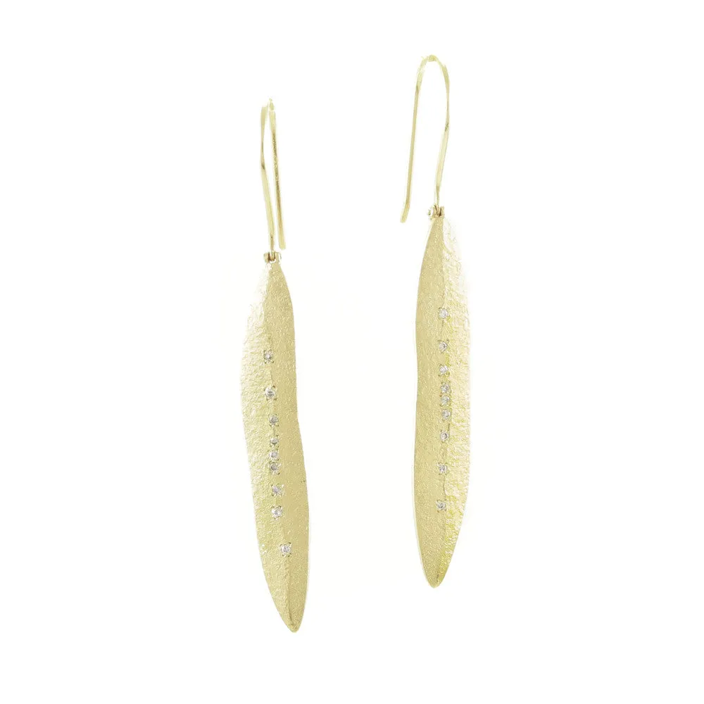 14K Gold Leaf Earrings With White Diamonds