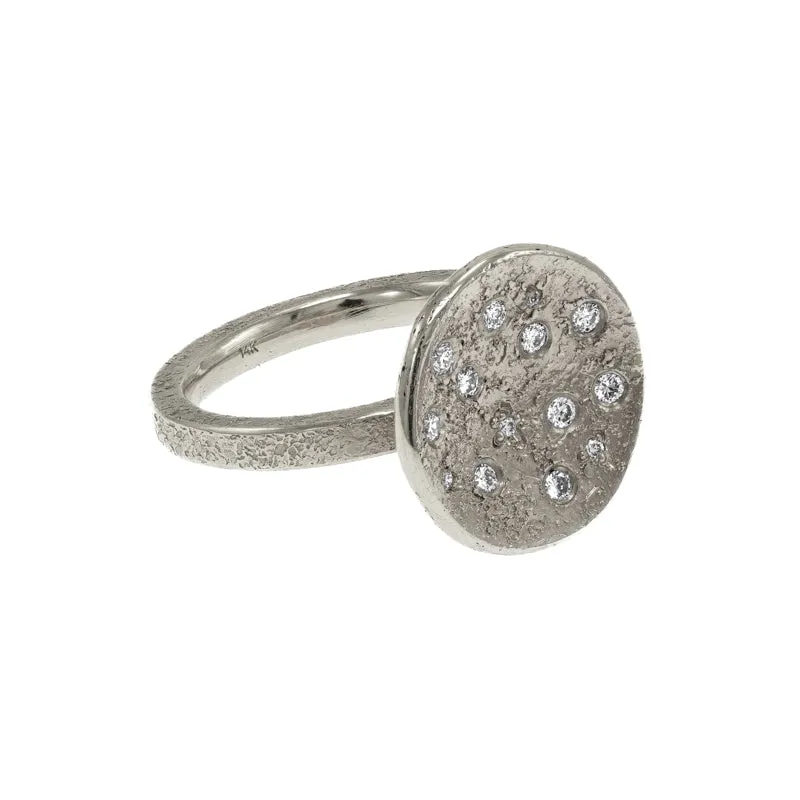 14K Gold Organic Disc Full Moon Ring with White Diamonds