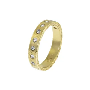 14K Gold Rustic Band with Flush Set White Diamonds, 4mm