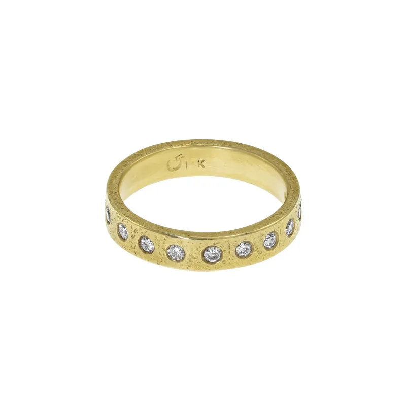14K Gold Rustic Band with Flush Set White Diamonds, 4mm