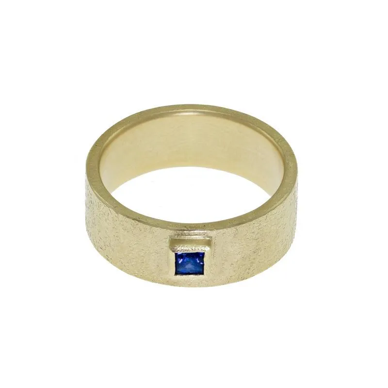 14K Gold Rustic Band with Princess Cut Sapphire