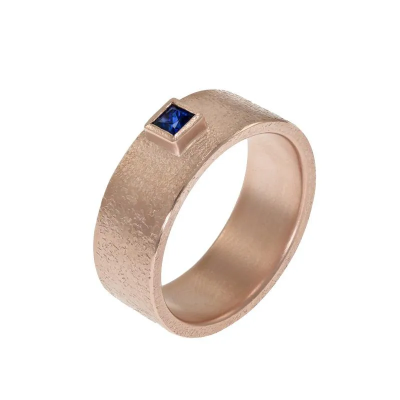 14K Gold Rustic Band with Princess Cut Sapphire