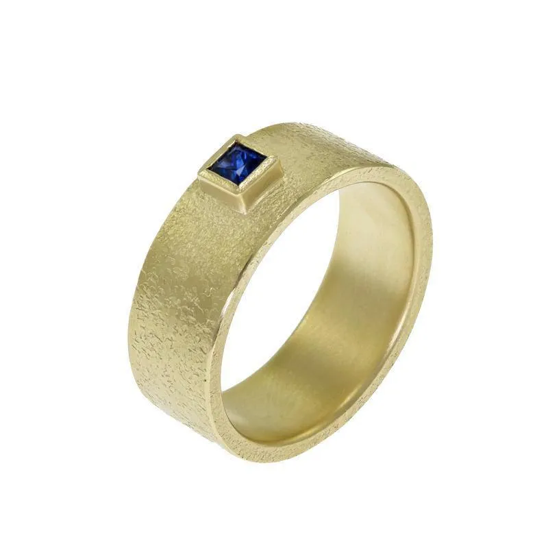 14K Gold Rustic Band with Princess Cut Sapphire