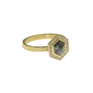 14K Gold Salt & Pepper Hexagon Diamond Engagement Ring With Diamond Halo