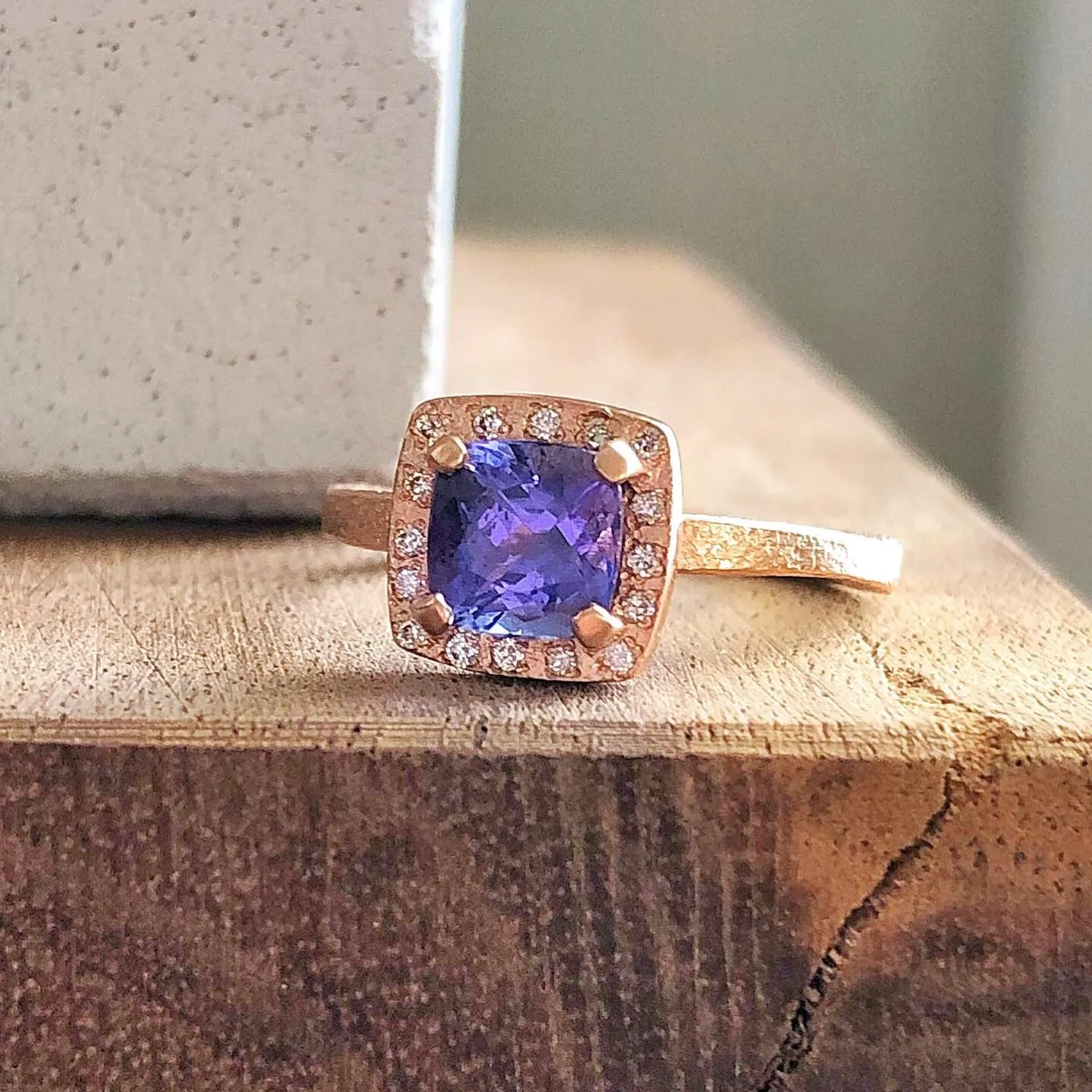 14K Rose Gold Cushion Cut Tanzanite Ring with Diamond Halo