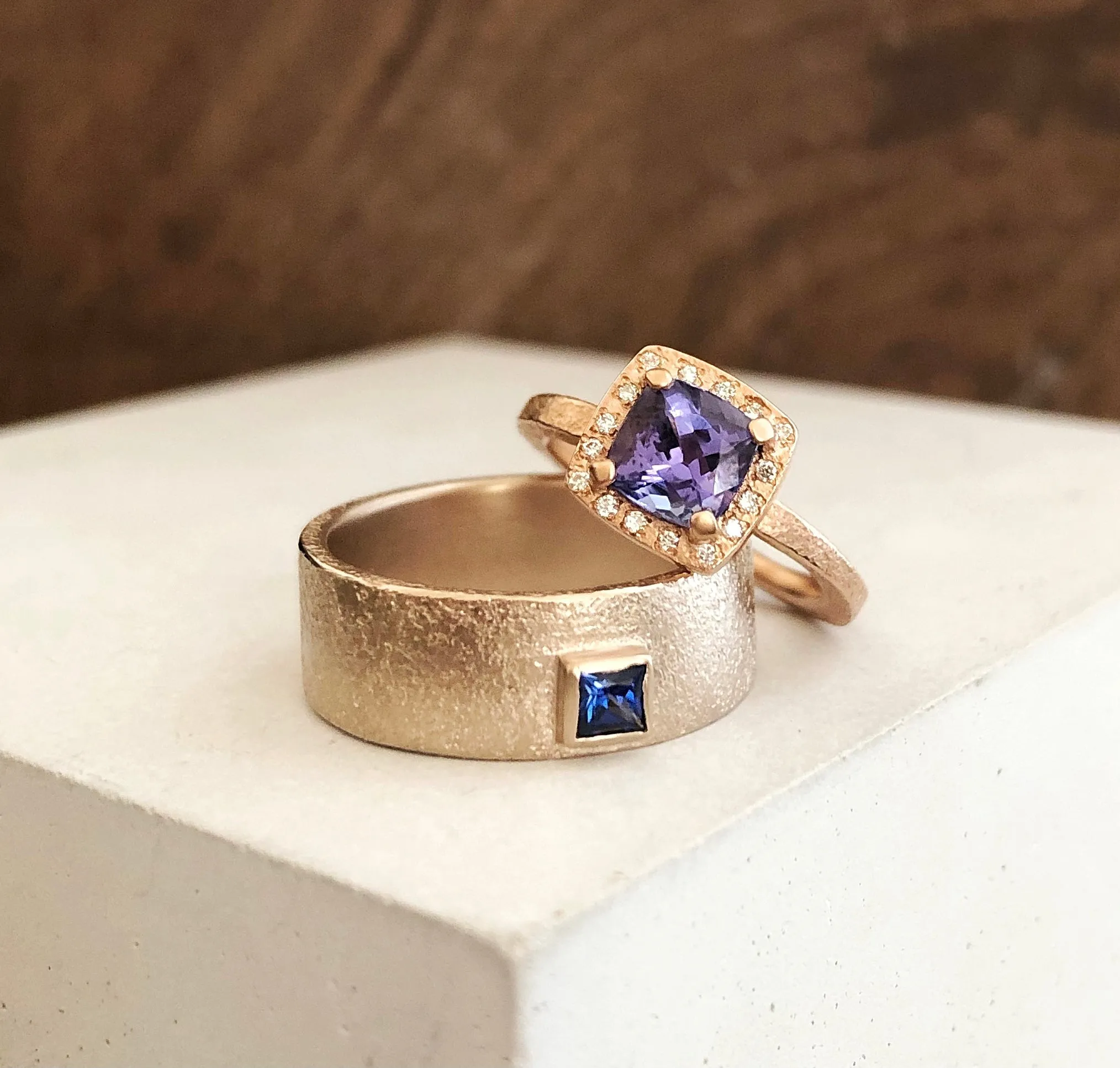 14K Rose Gold Cushion Cut Tanzanite Ring with Diamond Halo
