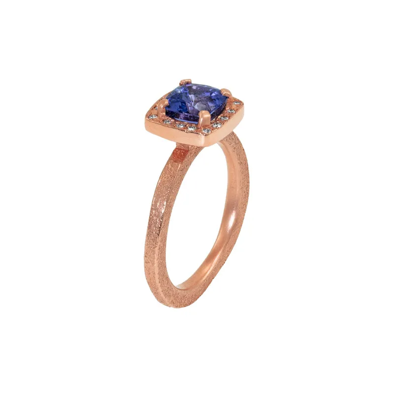 14K Rose Gold Cushion Cut Tanzanite Ring with Diamond Halo