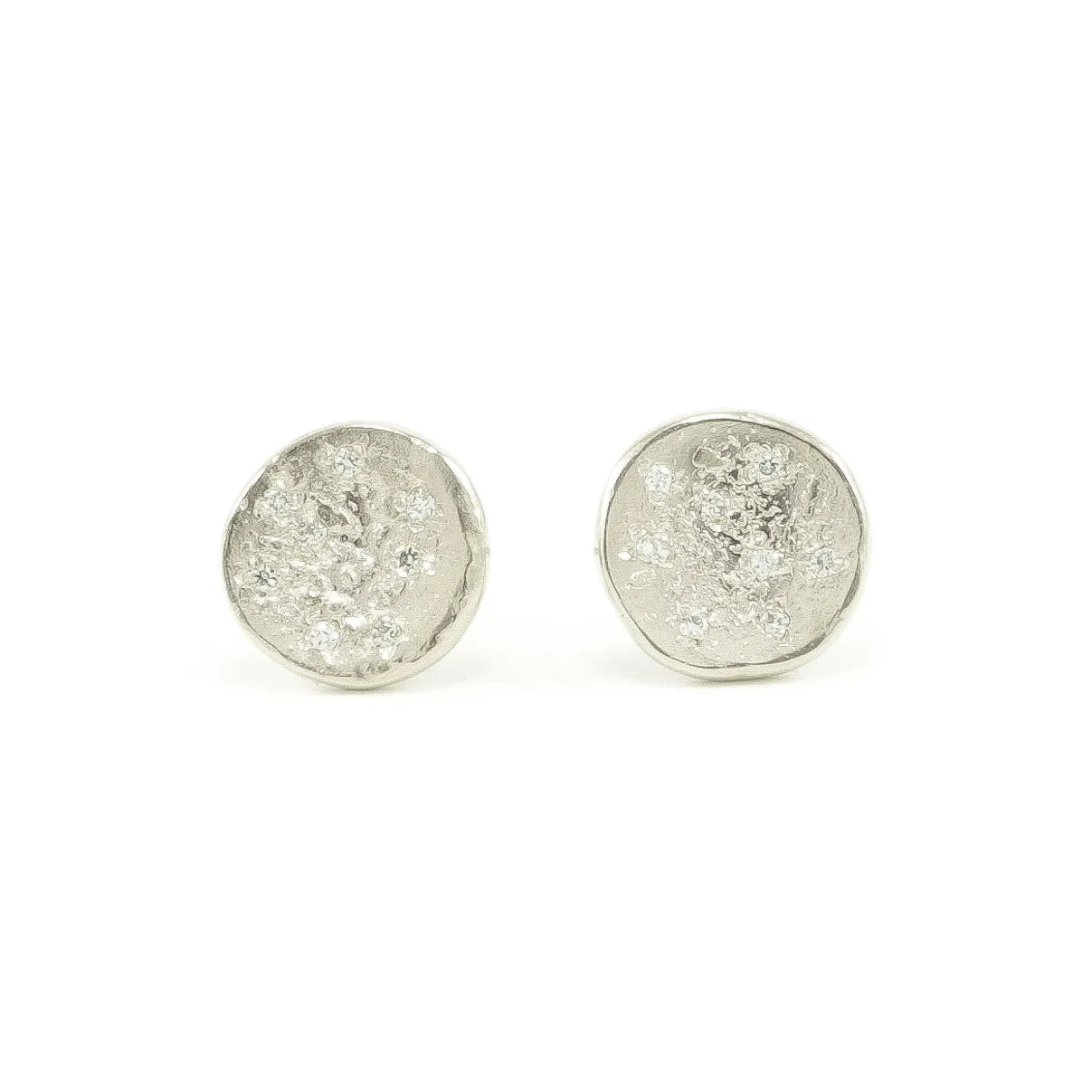 14K White Gold Organic Stud Earrings With White Diamonds