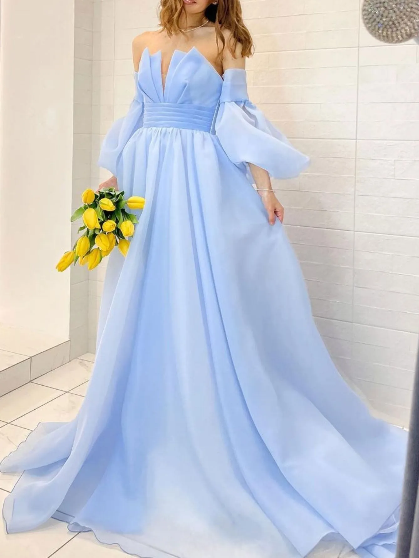 A Line Blue Long Prom Dress, Organza Formal Blue Evening Dress