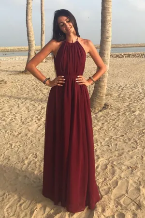 A Line Halter Neck Burgundy Long Prom Dress, Halter Neck Burgundy Formal Graduation Evening Dress, Burgundy Bridesmaid Dress