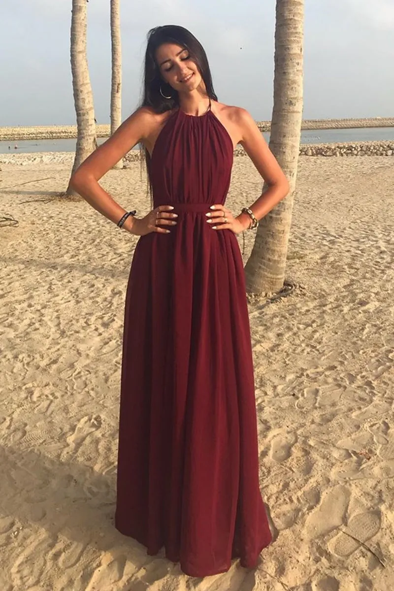 A Line Halter Neck Burgundy Long Prom Dress, Halter Neck Burgundy Formal Graduation Evening Dress, Burgundy Bridesmaid Dress