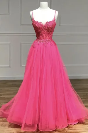 A Line Spaghetti Straps Beaded Pink Lace Long Prom Dress, Pink Lace Formal Dress, Pink Tulle Evening Dress A1494