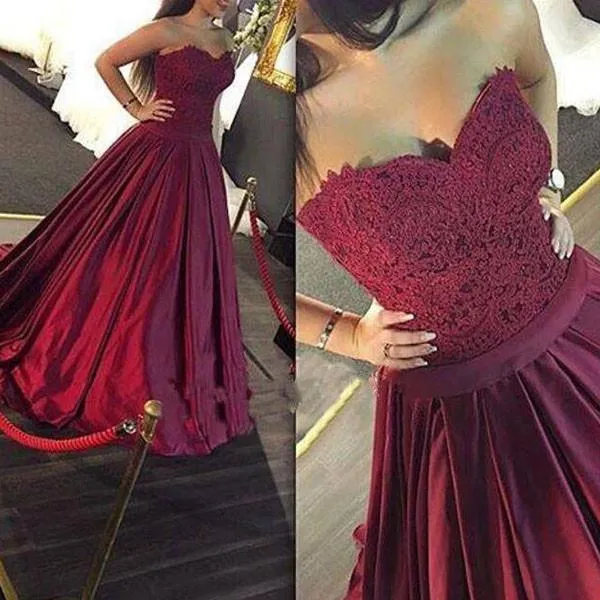 A Line Sweetheart Sweep Train Burgundy Prom Dress with Lace, Maroon Prom Gown, Formal Dress