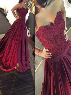 A Line Sweetheart Sweep Train Burgundy Prom Dress with Lace, Maroon Prom Gown, Formal Dress