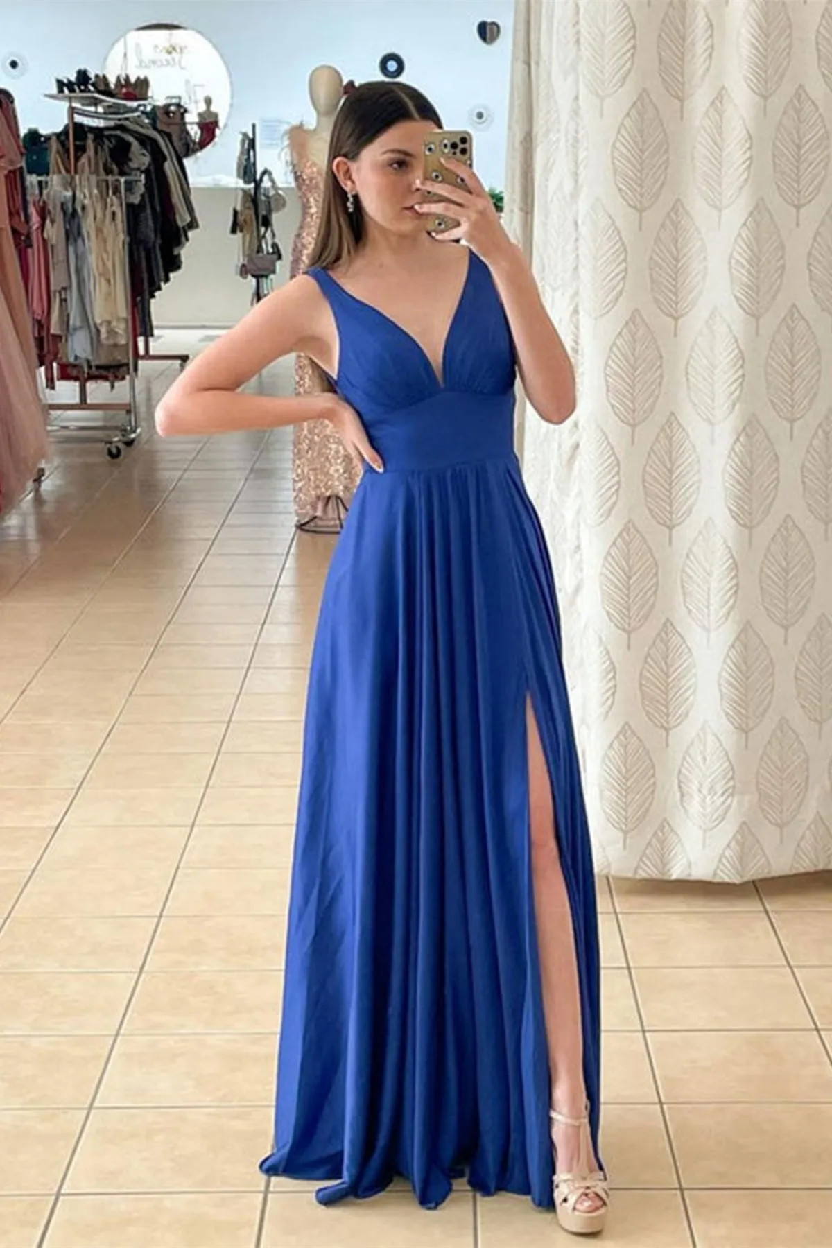 A Line V Neck Royal Blue Satin Long Prom Dress with High Slit, V Neck Royal Blue Formal Graduation Evening Dress A1678