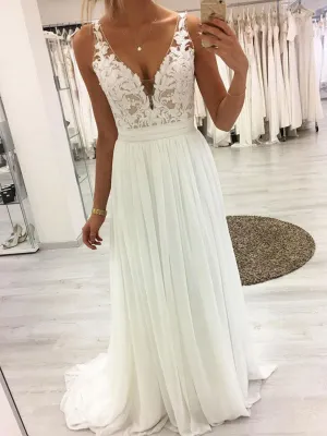 A-Line White Lace Chiffon Long Prom Dress, White Lace Bridesmaid Dresses