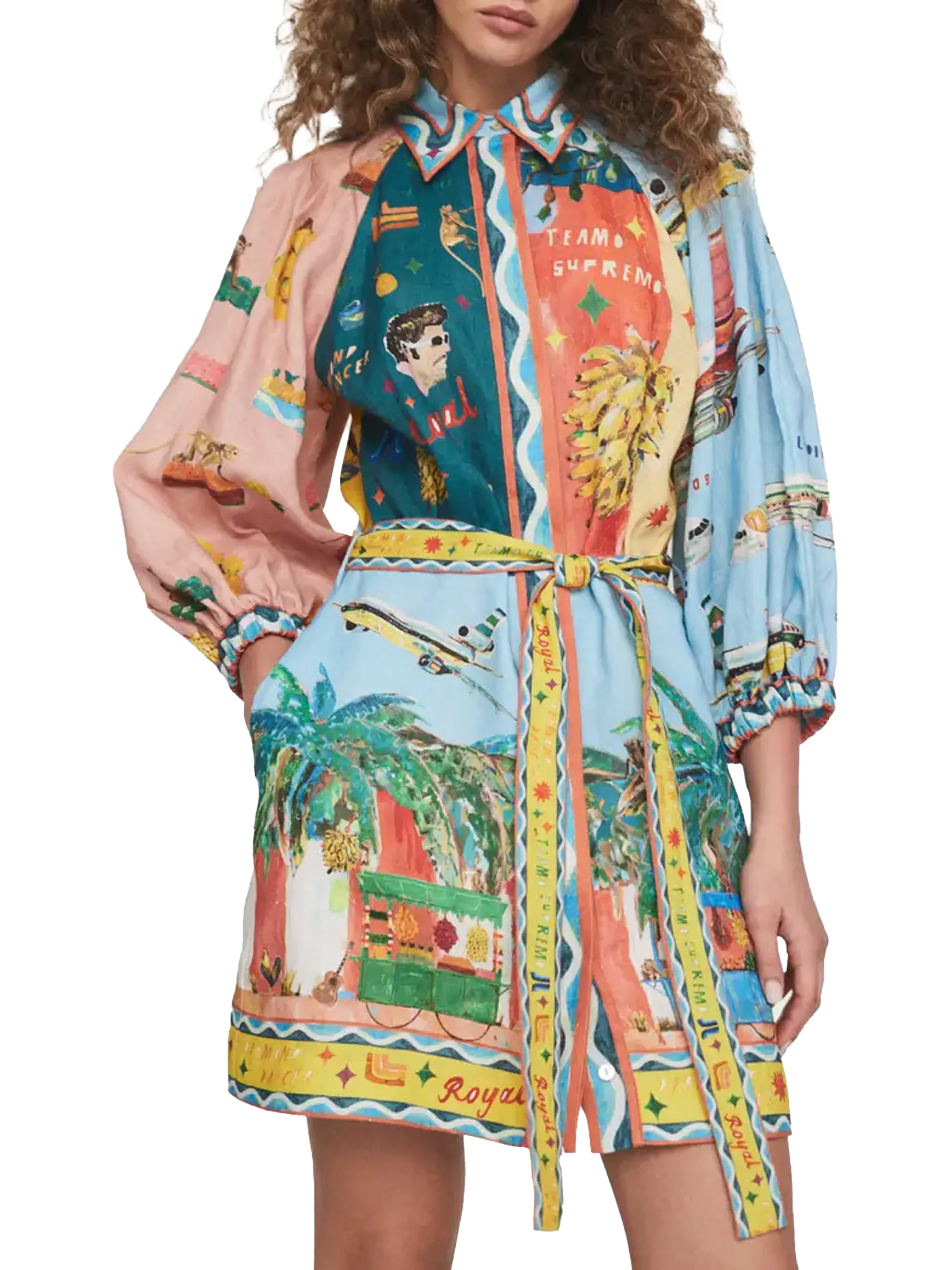 ALEMAIS All Aboard Mixed-Print Belted Mini Shirtdress