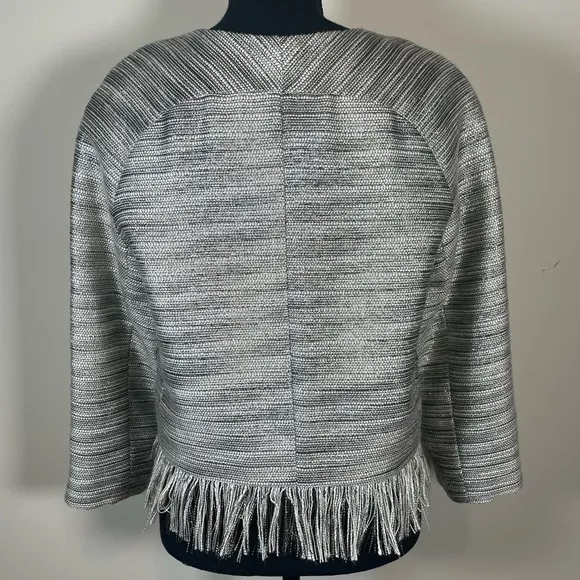 AMANDA UPRICHARD Women’s M Blazer Gray Metallic Neutral Tweed Fringe Crop Jacket