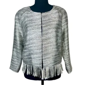 AMANDA UPRICHARD Women’s M Blazer Gray Metallic Neutral Tweed Fringe Crop Jacket