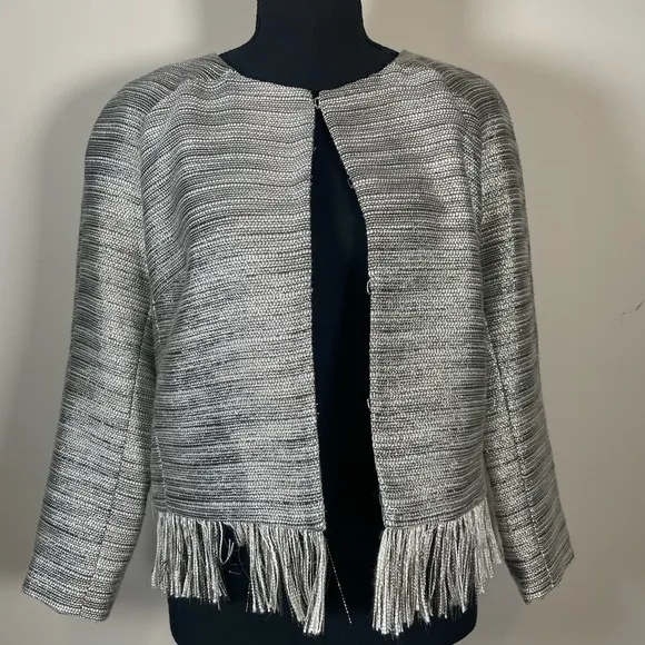 AMANDA UPRICHARD Women’s M Blazer Gray Metallic Neutral Tweed Fringe Crop Jacket