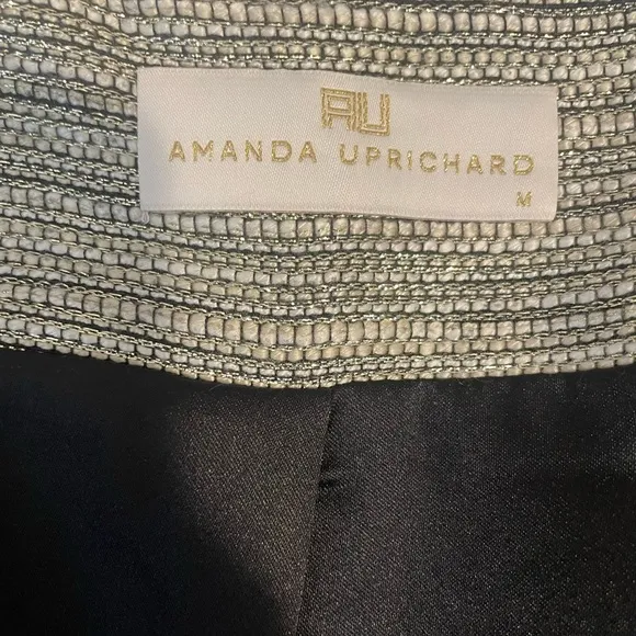 AMANDA UPRICHARD Women’s M Blazer Gray Metallic Neutral Tweed Fringe Crop Jacket