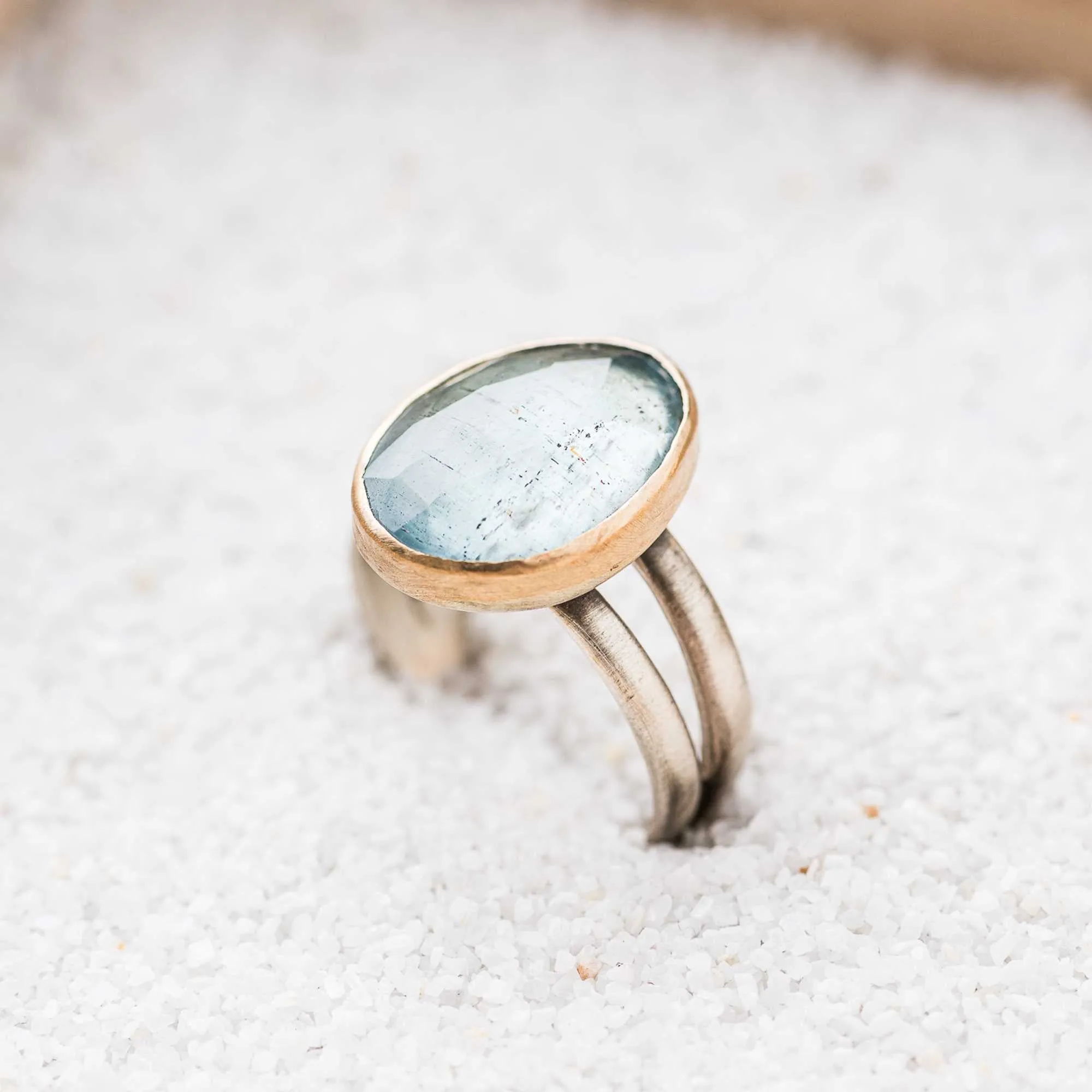 Aquamarine Ring with 14k Gold Bezel on Split Band