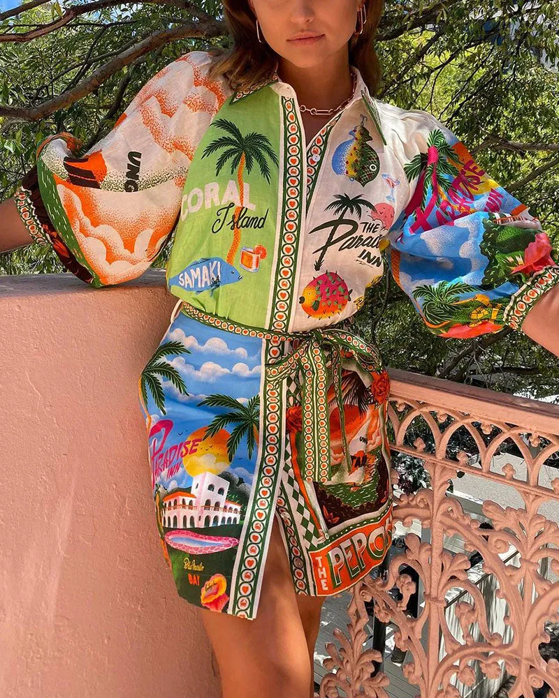 Beatriz® | Tropical print belted shirt dress