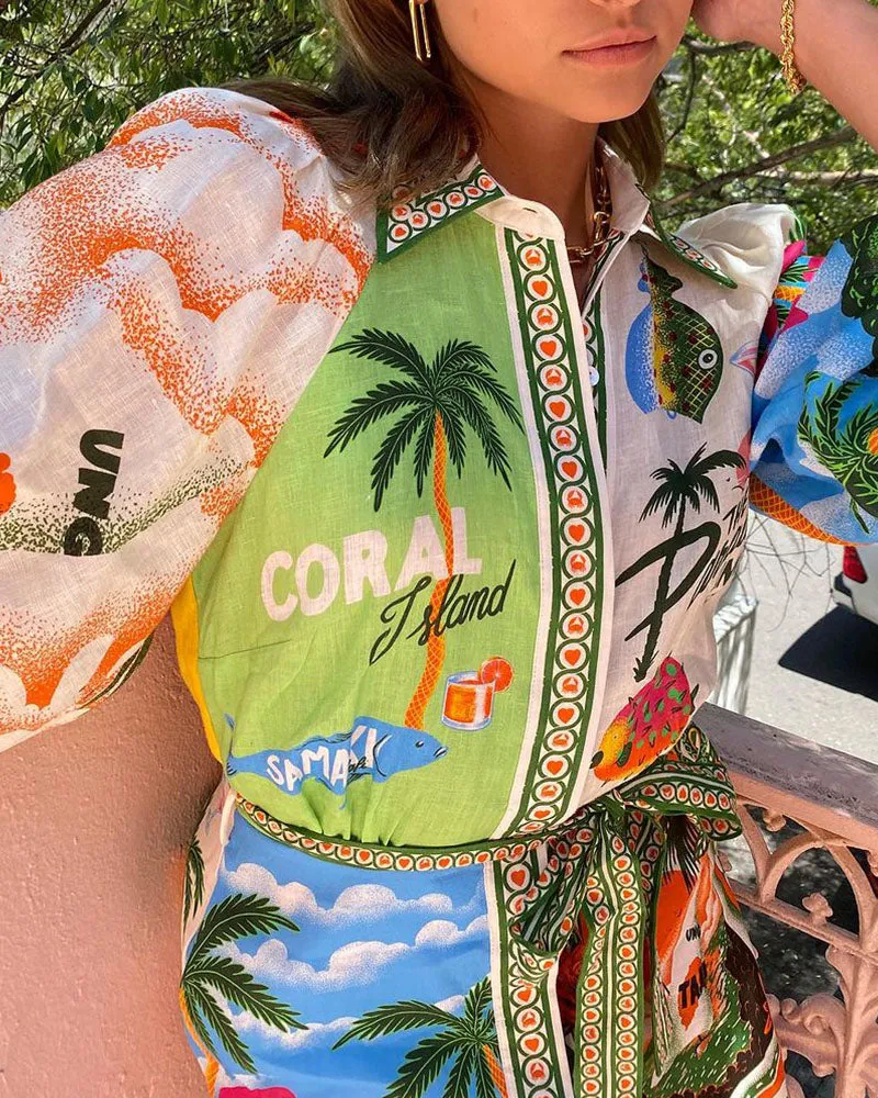 Beatriz® | Tropical print belted shirt dress