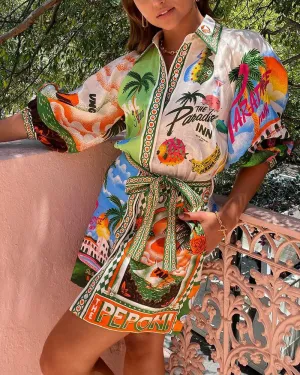 Beatriz® | Tropical print belted shirt dress
