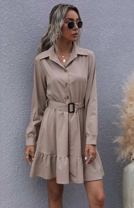 Belted A-Line Dress with Ruffle Hem and Button-Down Front