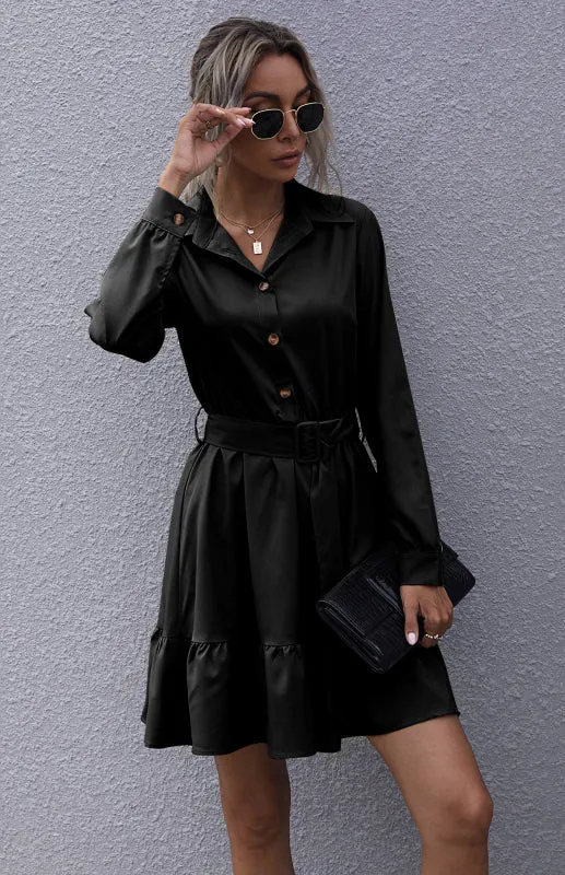 Belted A-Line Dress with Ruffle Hem and Button-Down Front