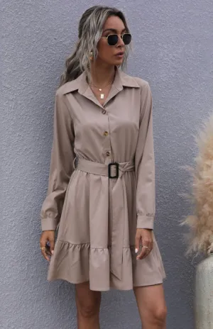 Belted A-Line Dress with Ruffle Hem and Button-Down Front