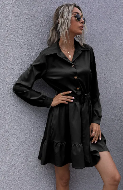 Belted A-Line Dress with Ruffle Hem and Button-Down Front