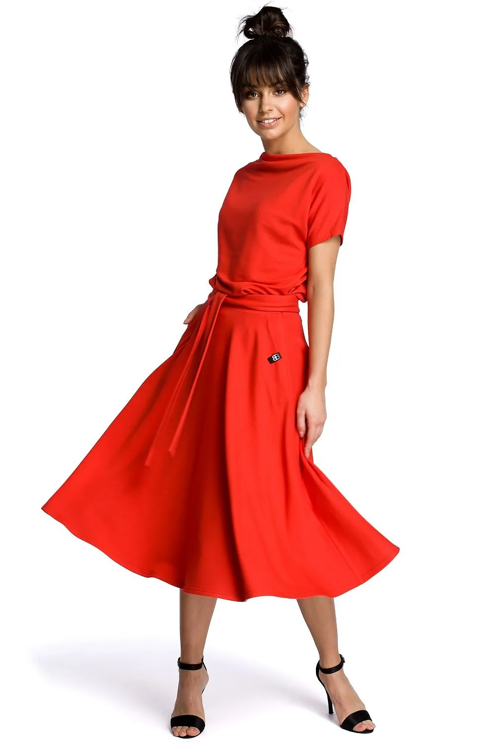 Belted Flared Knee-Length Dress