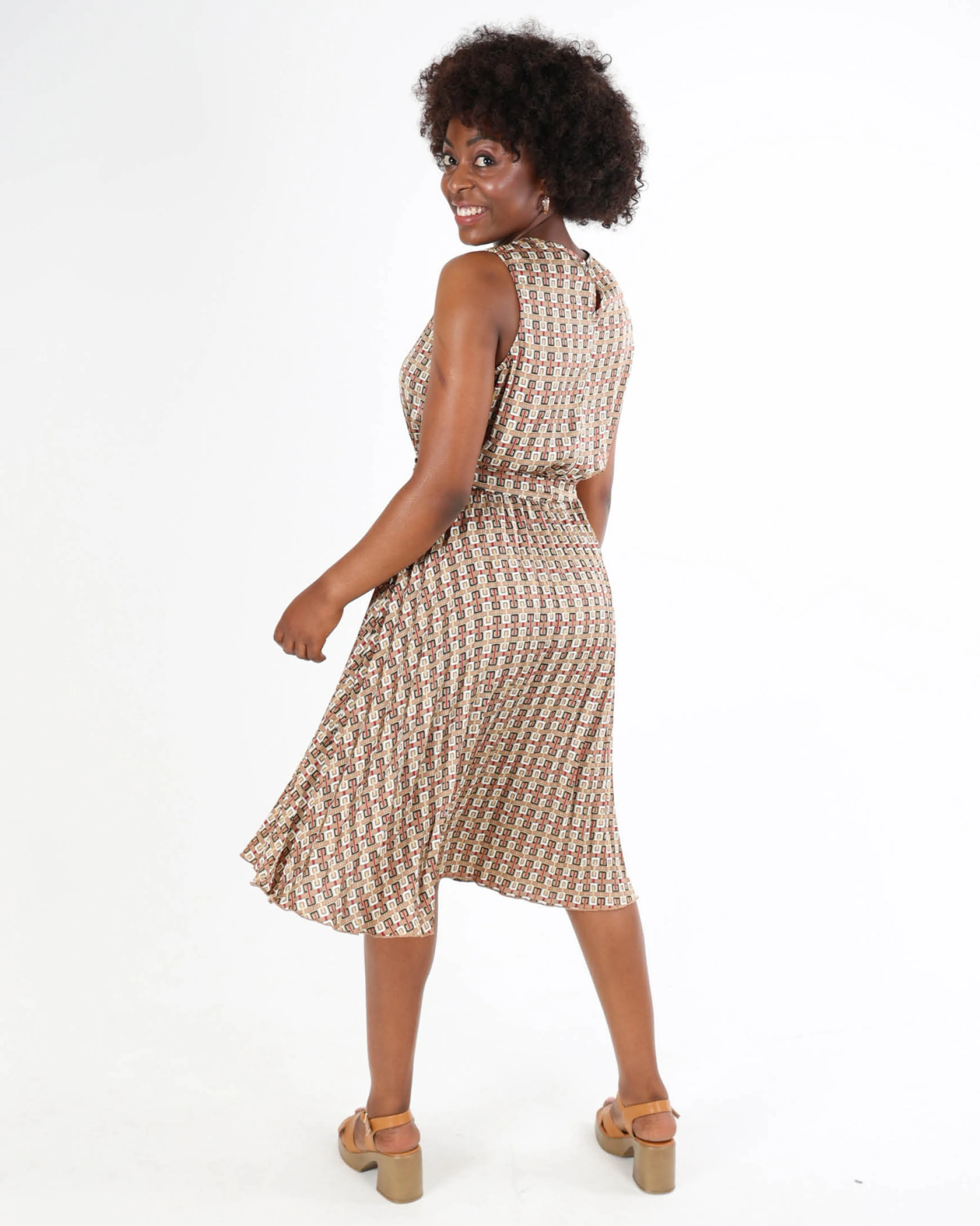 Belted Pleated Geometric Dress