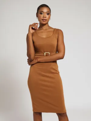 Belted Sleeveless V-Neck Bodycon Dress - Brown