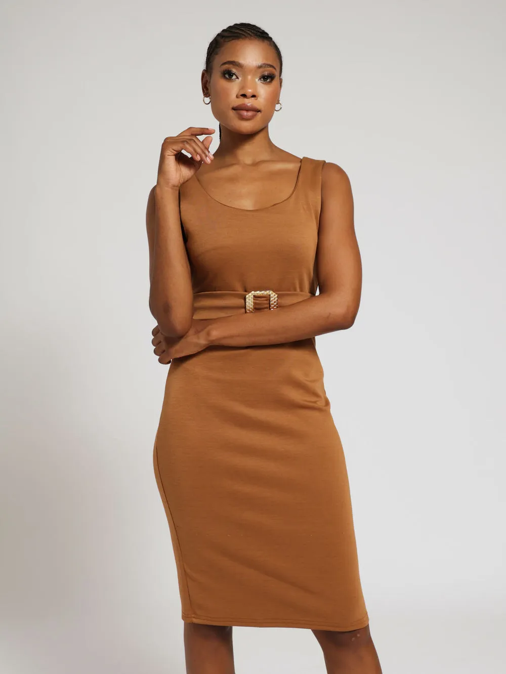 Belted Sleeveless V-Neck Bodycon Dress - Brown