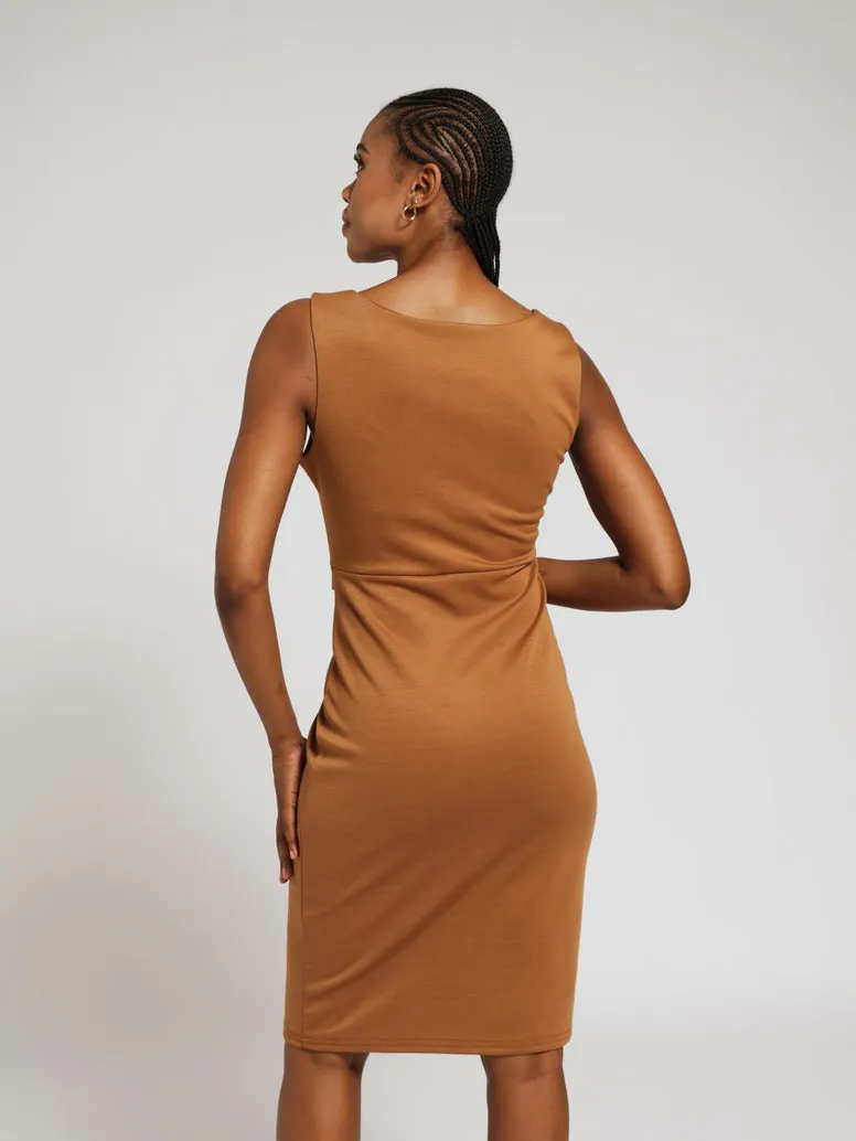 Belted Sleeveless V-Neck Bodycon Dress - Brown