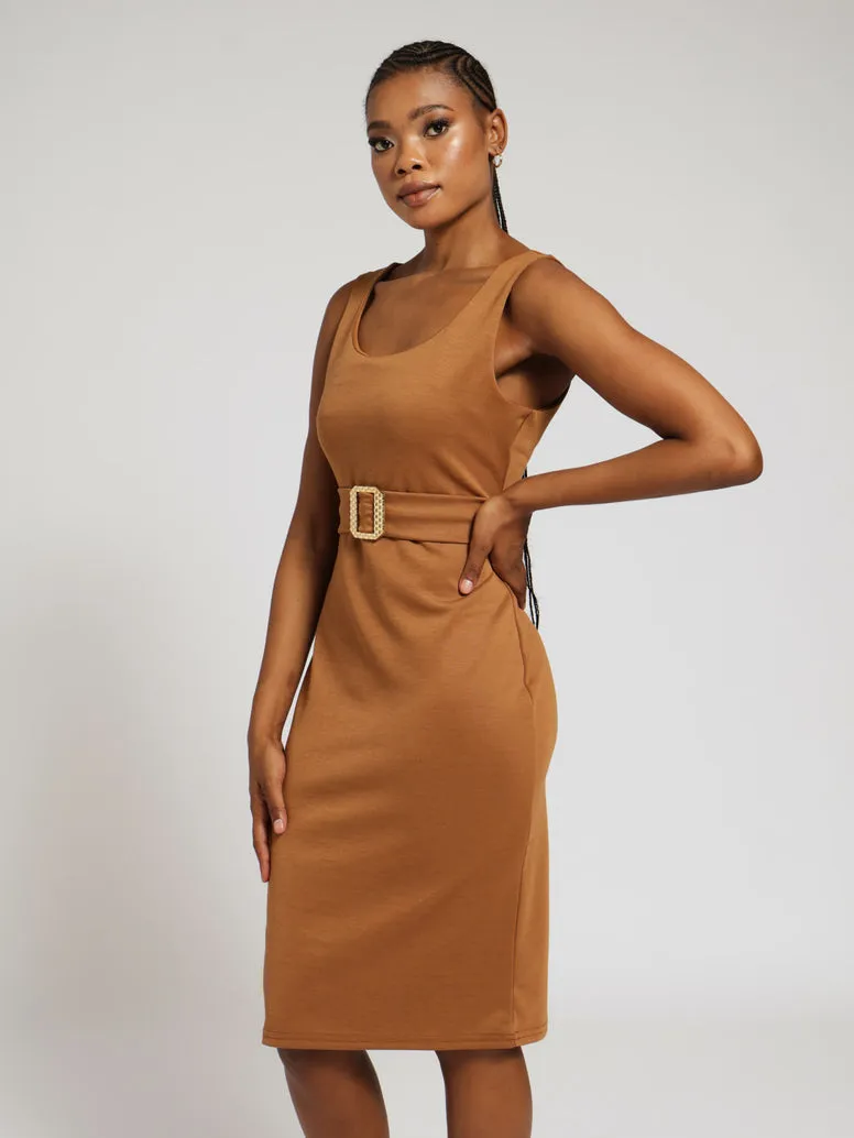 Belted Sleeveless V-Neck Bodycon Dress - Brown