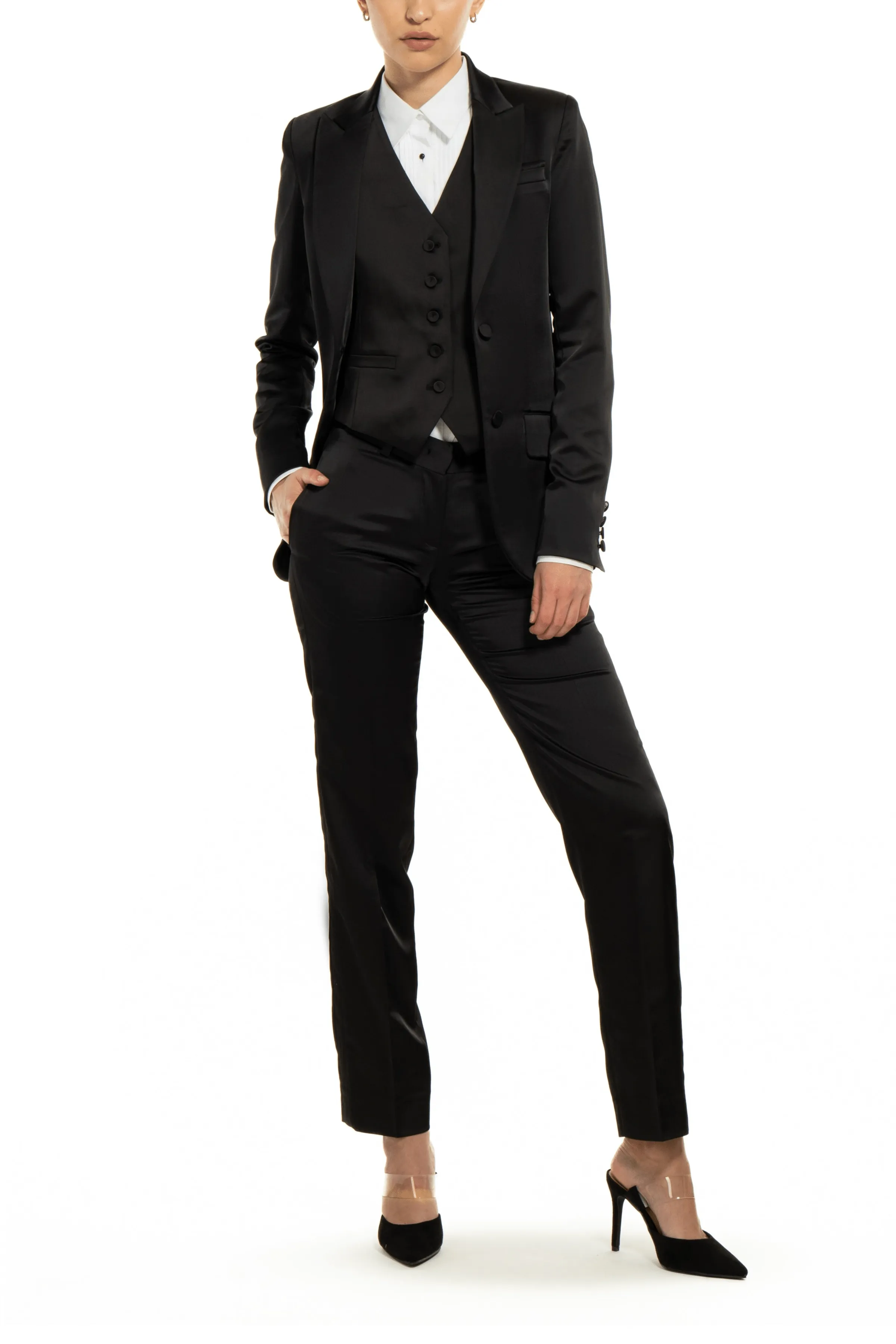 Black 3 Piece Peak Lapel Double Buttons Business Casual Satin Women's Suit
