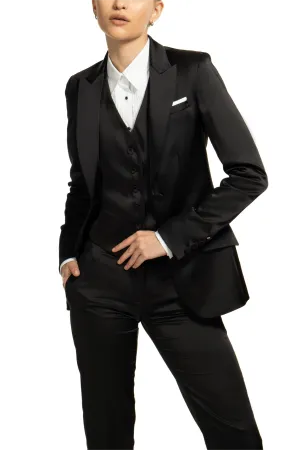 Black 3 Piece Peak Lapel Double Buttons Business Casual Satin Women's Suit