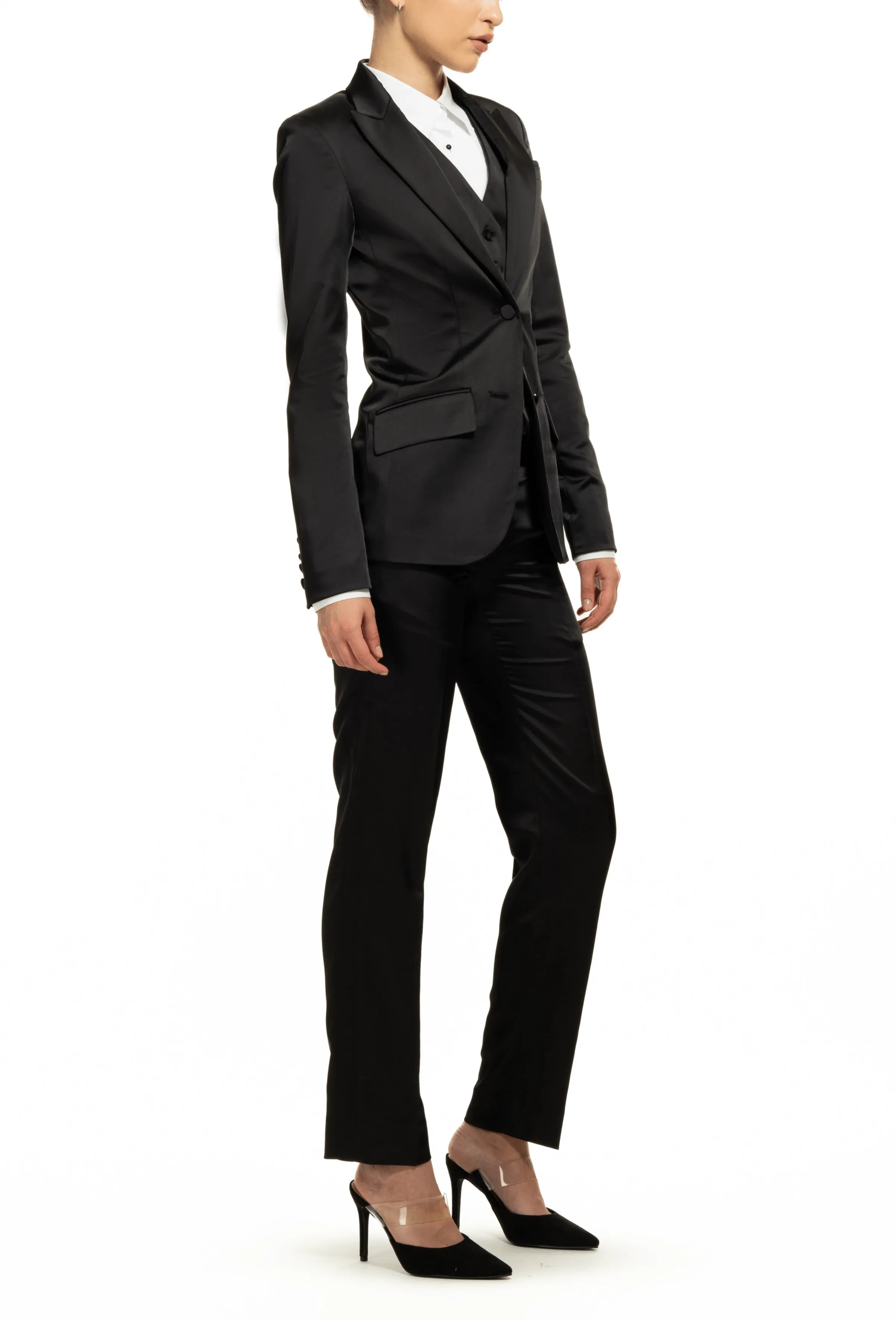 Black 3 Piece Peak Lapel Double Buttons Business Casual Satin Women's Suit